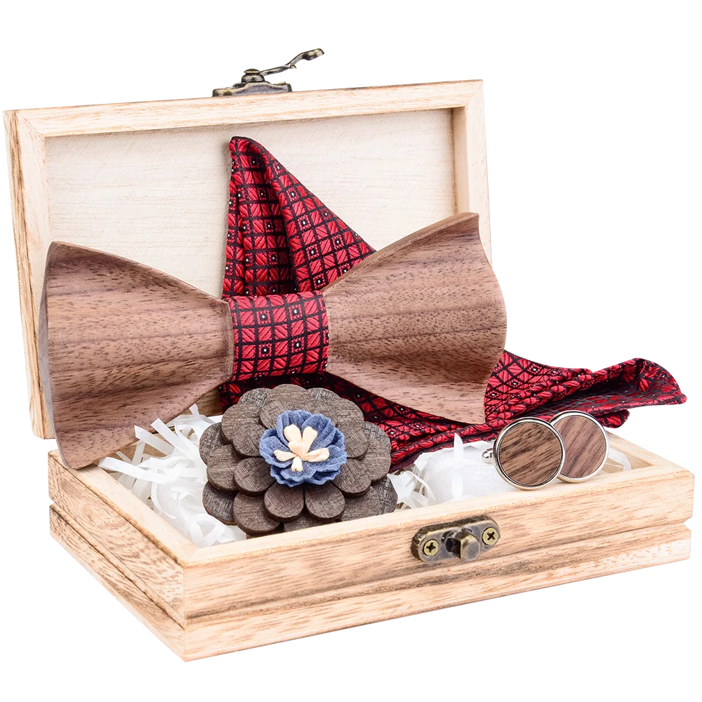 Ricnais New Original 100% Wooden Bow Tie Silk Floral Handkerchief Cuff Brooch Set For Mens Wedding Wood Bowtie With Box Gravata