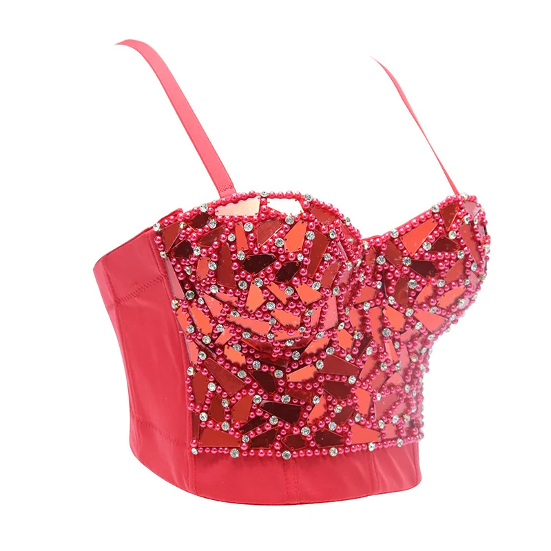 Women Sexy Beaded Diamond Shiny Sequins Camisole Night Club Party Corset Crop Tops Glass Padded Push Up Bustier Bra Bralette