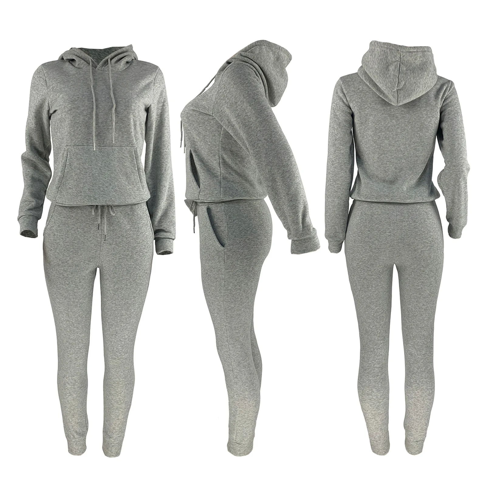 Thicken Fleece Hoodie Two-piece Set Women Solid Hoodie +Sexy Stacked Sweatpants Sports Jogger Suit Bulk Item In Wholesale Lots