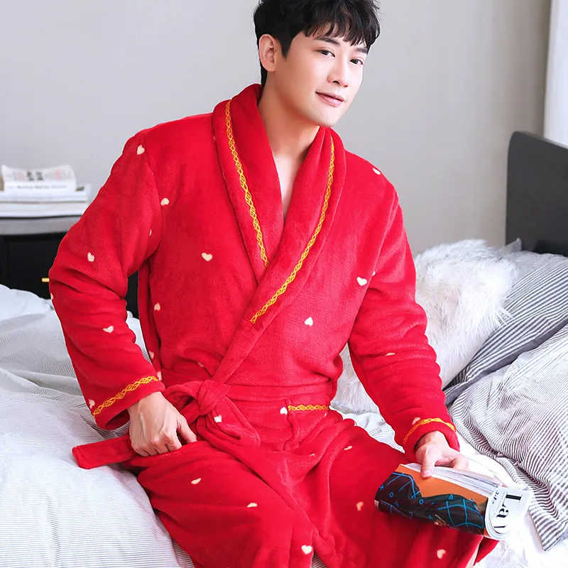 

H5954 Wedding Robe Men Flannel Bathrobe Winter Coral Fleece Warm Thickened Sleepwear Male Long Sleeve Soft Comfortable Nightwear