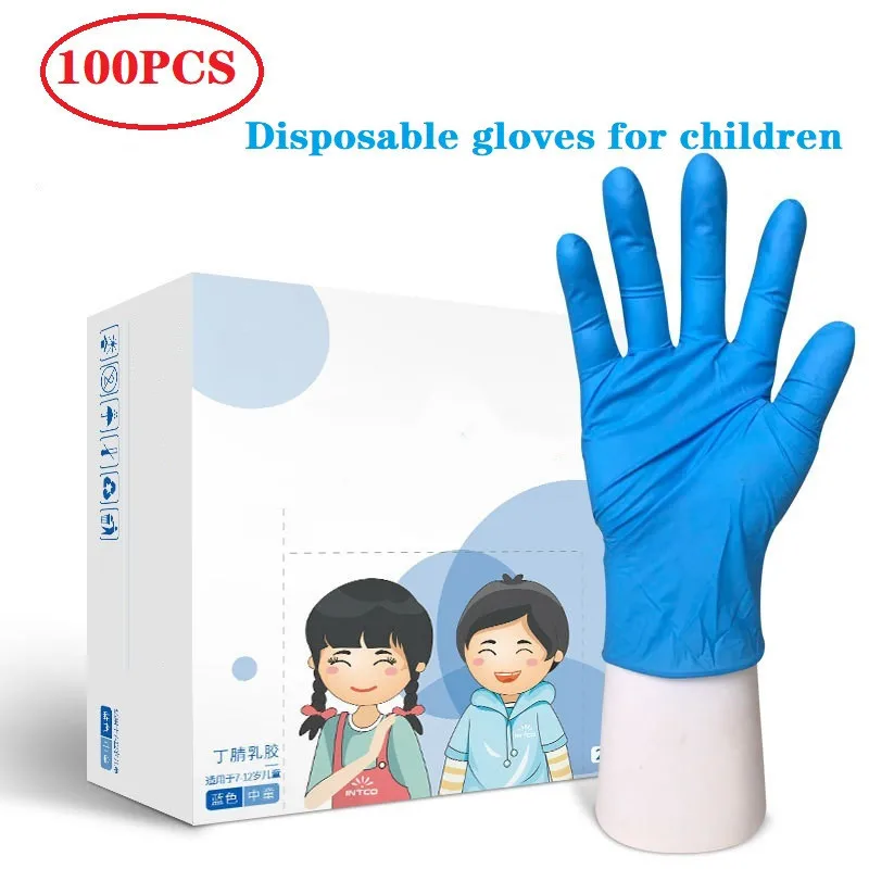 100/20pcs Disposable children gloves  Nitrile Latex  Glove for kids Thickened Schooling gloves Home Cleaning Rubber blue