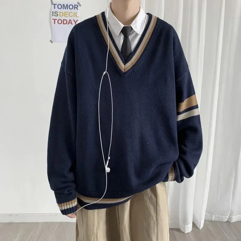 Spring Autumn DK Uniform Sweater Men's Preppy Style V-neck Pullover Thick Navy Blue Cotton Winter Fashion Men Warm Clothes Coat