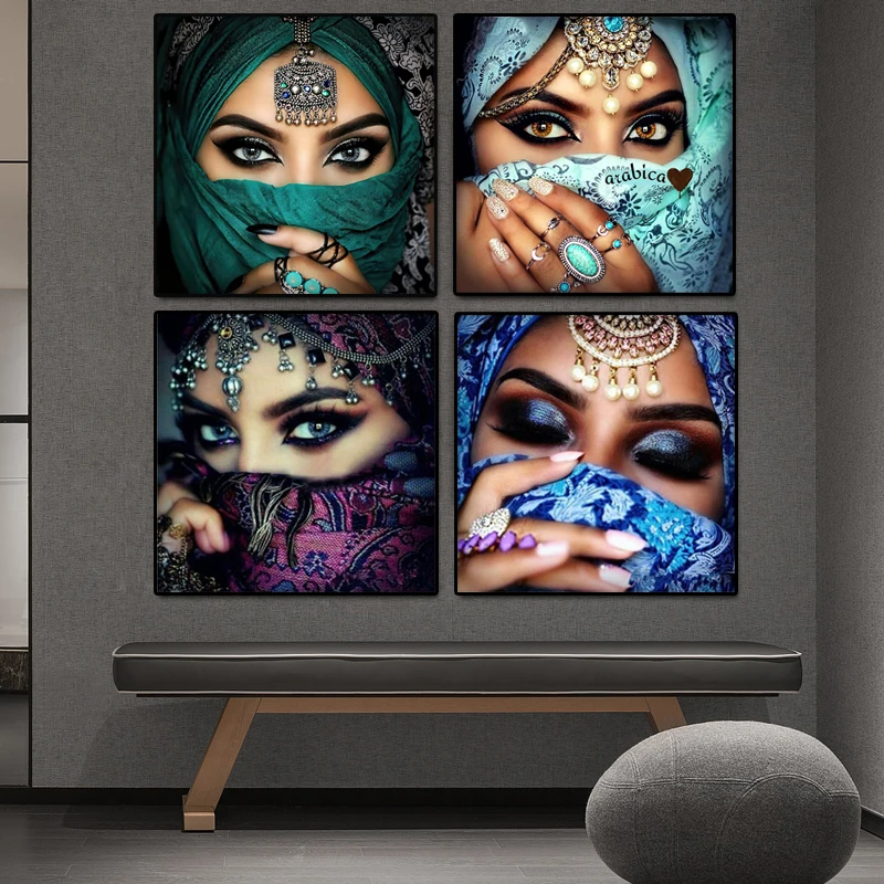 Beautiful Big Eyes Arabian Islamic Women Poster Canvas Print Indian Girl Decorative Painting Wall Art Figure Picture Room Decor