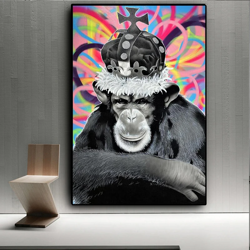 Monkey with Black Hat Graffiti Art Paintngs Print on Canvas Art Posters and Prints Animals Street Art Pictures Home Wall Decor