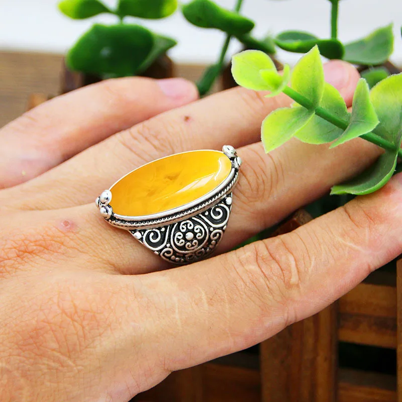 Vintage Eye Shape Synthetic Beeswax Rings For Women Real Antqiue Silver Plated Flower Resin Stone Fashion Jewelry Ring кольца