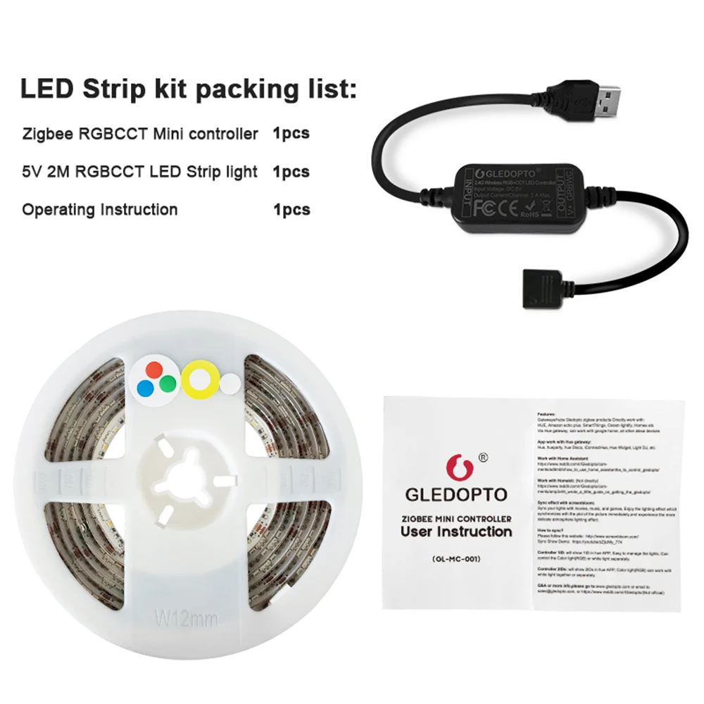 Zigbee-Bande lumineuse LED USB, fond TV RGBCCT, RGBWW, 5V, 2m, bande intelligente, mini contrôleur, fonctionne avec Alexa Echo Plus