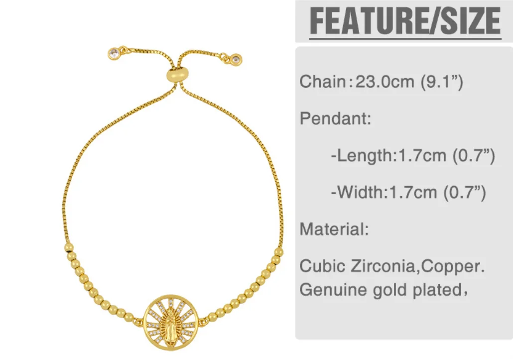 2021 Fashion Zircon Virgin Mary Adjusting Box Chain Lady Bracelet Bracelet Bead CZ Religious Lady Gift Charm Bracelet