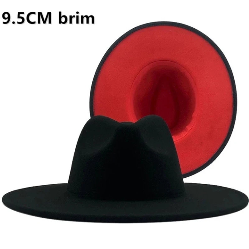 9.5CM black red big brim fedora hat women stitching wide brim woolen jazz top hat classic elegant Panama hat wedding hat