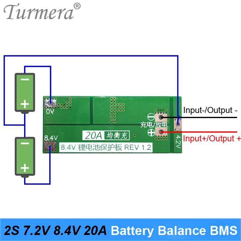 Turmera 2S 20A Balance BMS 18650 21700 26650 Lithium Battery Protection Board 7.2V 8.4V for Screwdriver Drill and Headlamp Use A