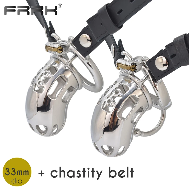 FRRK Strapon Male Chastity Belt Cock Cage Men Stainless Steel Adult BDSM Sex Toys Metal Penis Rings Strap On Lock Bondage Device