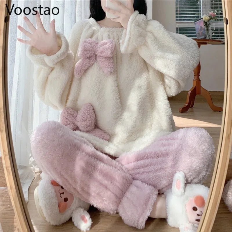 Autumn Winter Women Sweet Lolita Coral Fleece Pajamas Sets Cute Bow Warm Homewear Sleepwear Girls Kawaii Lounge Pyjamas 2PC Set