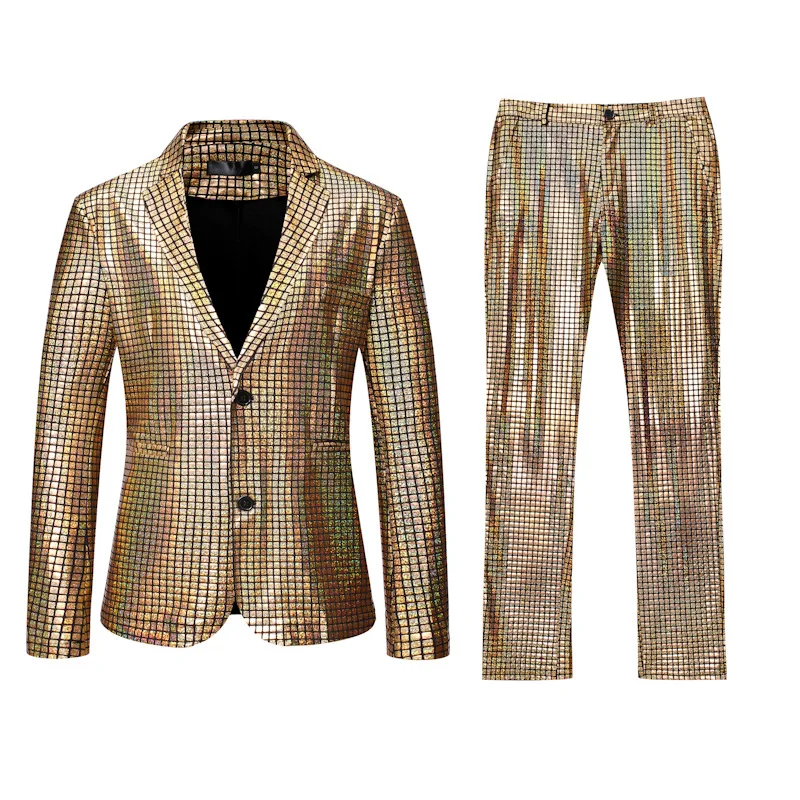 Bar Nightclub Male Singer Magician Stage Sequin Suits Rainbow Gold Silver Laser Plaid Stripes Blazers Pants 2-Pieces Set Costume