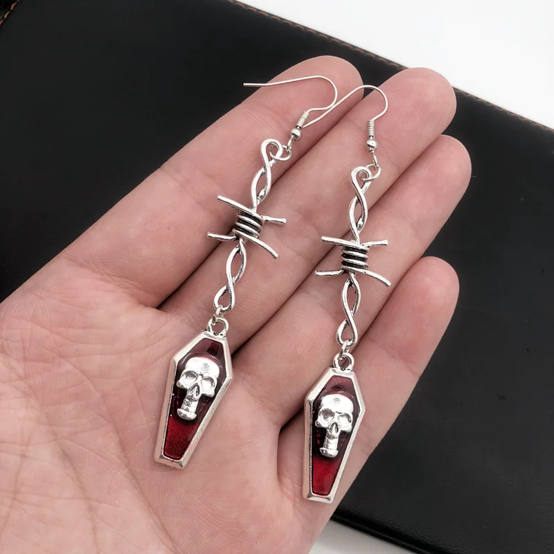 Origional Jewelry Gothic Dark Barbed Wire Mix and Match Coffin Skull Skeleton Bloody Red Drop Oil Ear Pendant Earrings