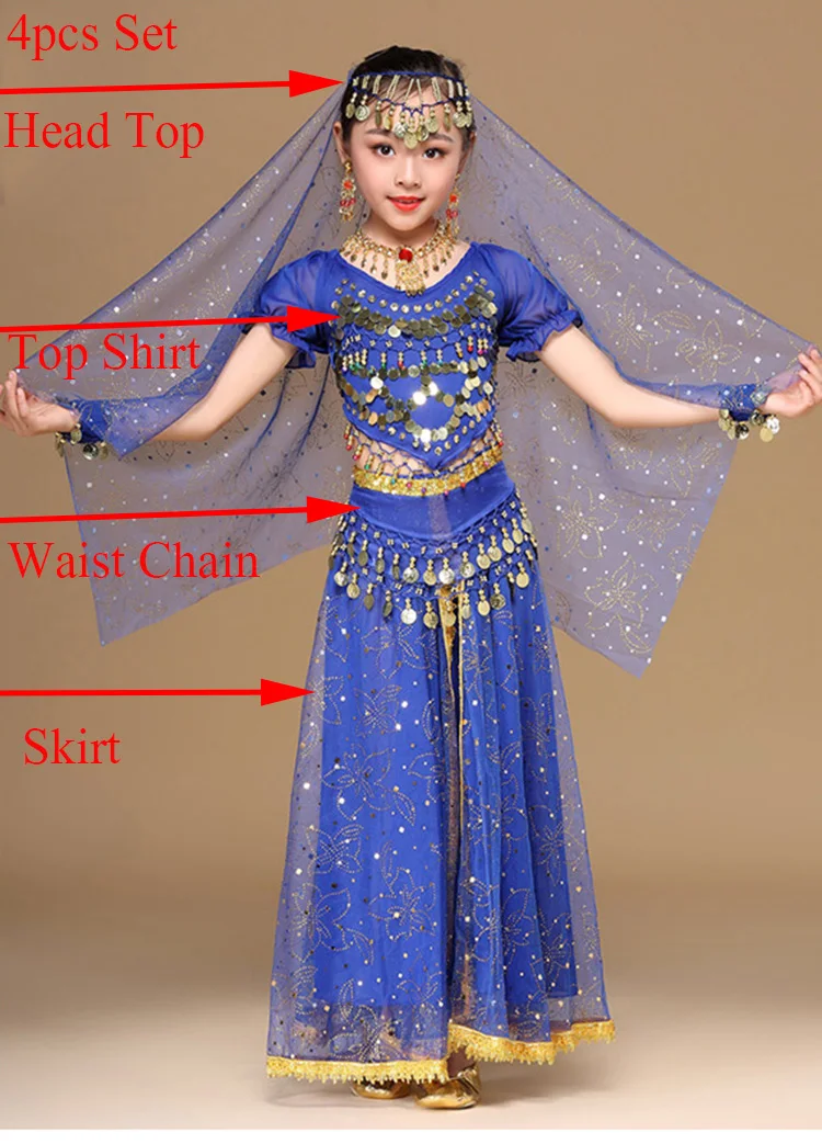 Girls Bollywood Dance Costume Set Kids Belly Dance Indian Sari Children Chiffon Outfit Halloween Top Belt Skirt Veil Headpiece