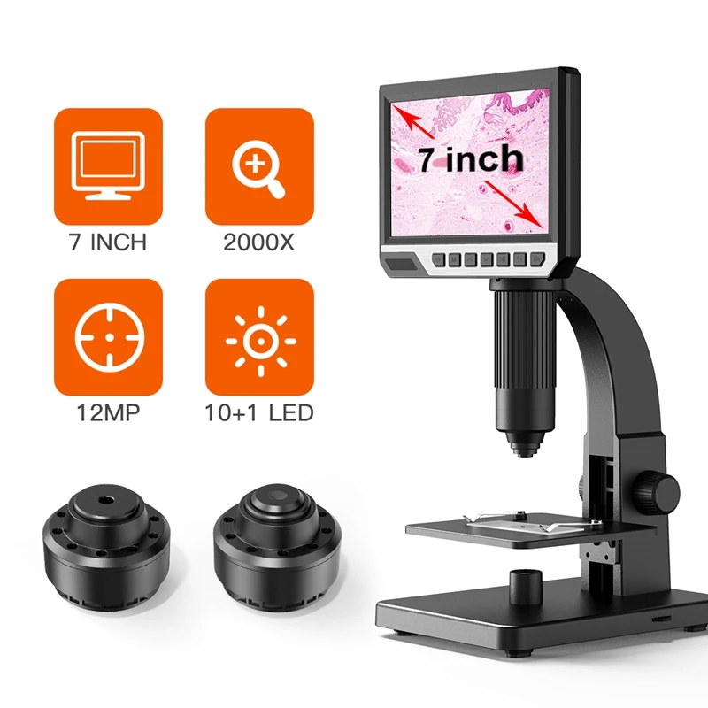 Brand Dual Lens 2000X Digital Microscope 7 Inch HD IPS Dispaly Multiple Len Support Computer Viewing Amplification Magnifier