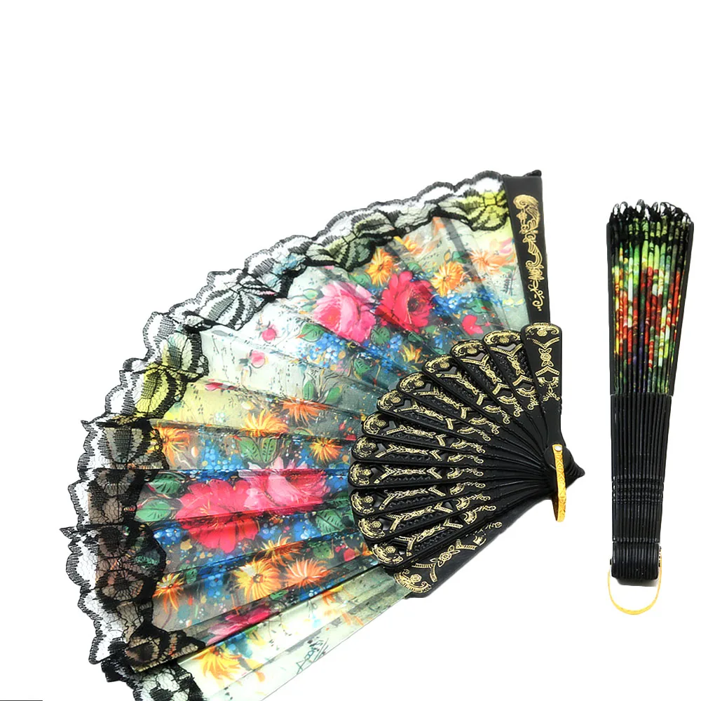 Flora / Oriental Dance Party Wedding Silk Black Lace Rim Floral Asian Chinese Japan Dance Hand held Folding Fan