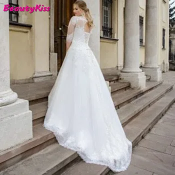 Abito da sposa in Tulle taglie forti A-Line con mezze maniche Appliques in pizzo abito da sposa con lacci sul retro su misura