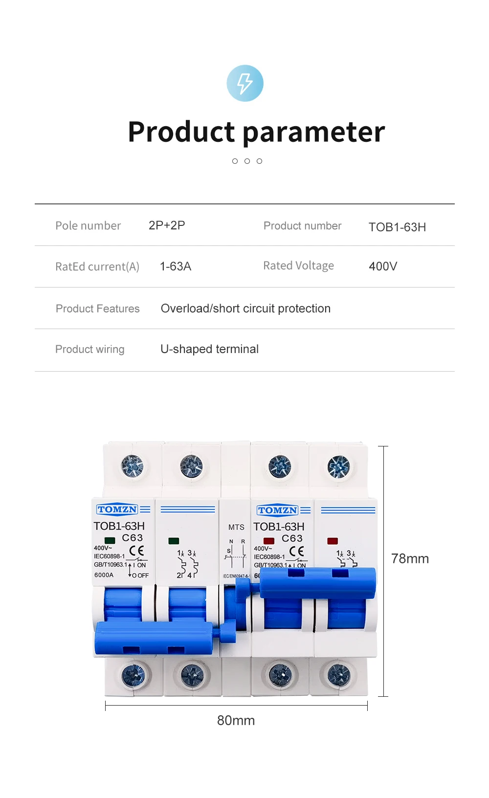2P+2P MTS TOMZN AC Dual-Power Manueller Transferschalter Leistungsschalter MCB 50HZ/60HZ – Detail 11