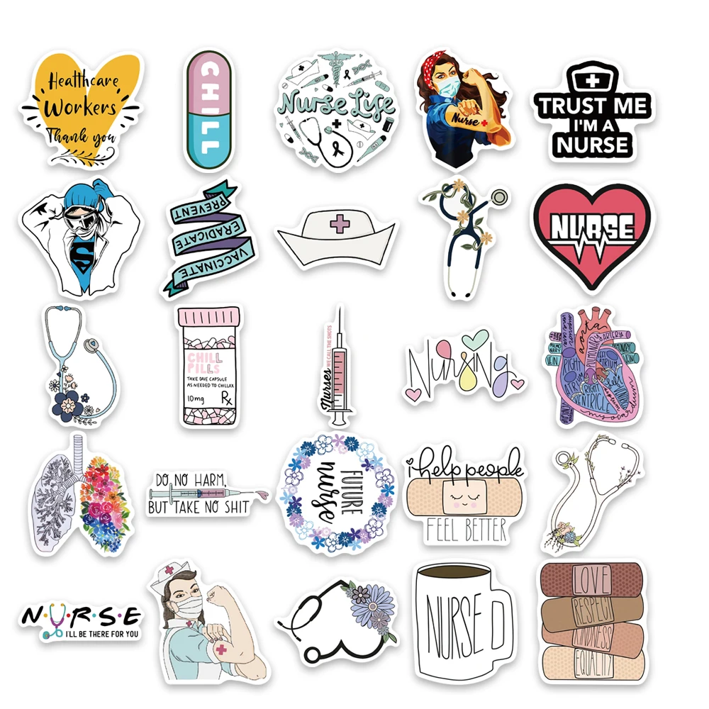 50PCS Medical Science Nurse Stickers Waterproof Vinyl Sticker for Water Bottles Laptop Luggage Cup Computer Mobile Phone