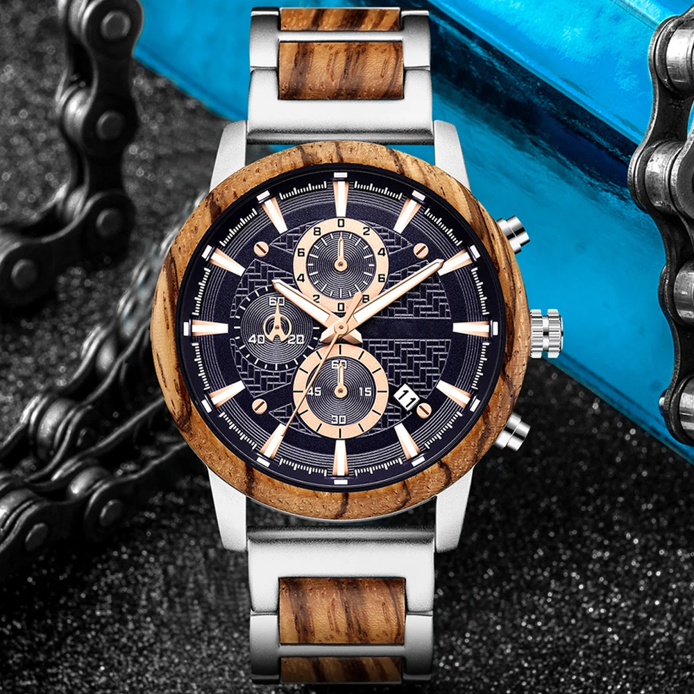 Alloy & Wood Combined Strap Watches Mens Multifunction Chronograph Quartz Calendar Watch Unique Steel Wooden Clock Male Reloj