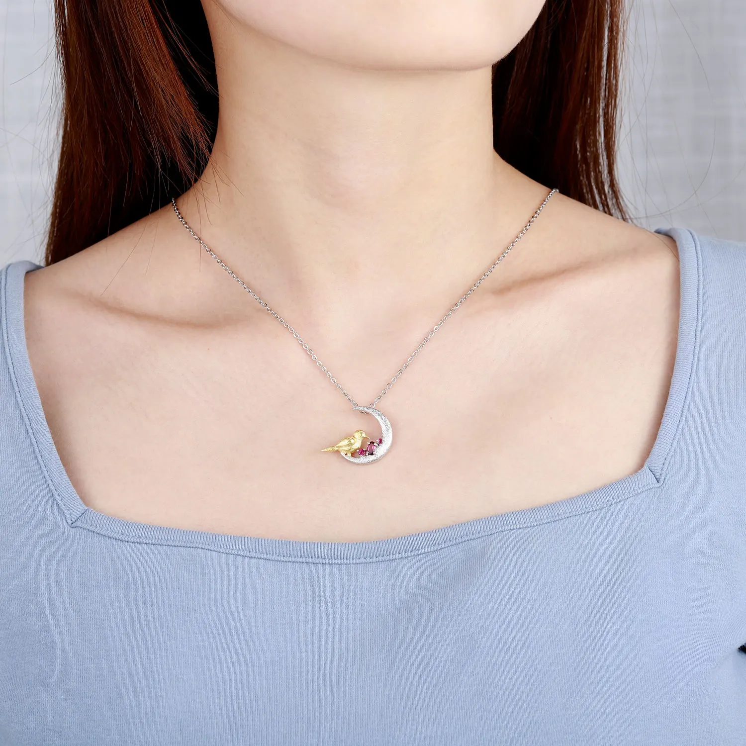 GEM'S BEAUTY 925 Sterling Silver Necklace For Women Moon 18K Gold Filling Bird Natural Oval Rhodolite Handmade Necklace