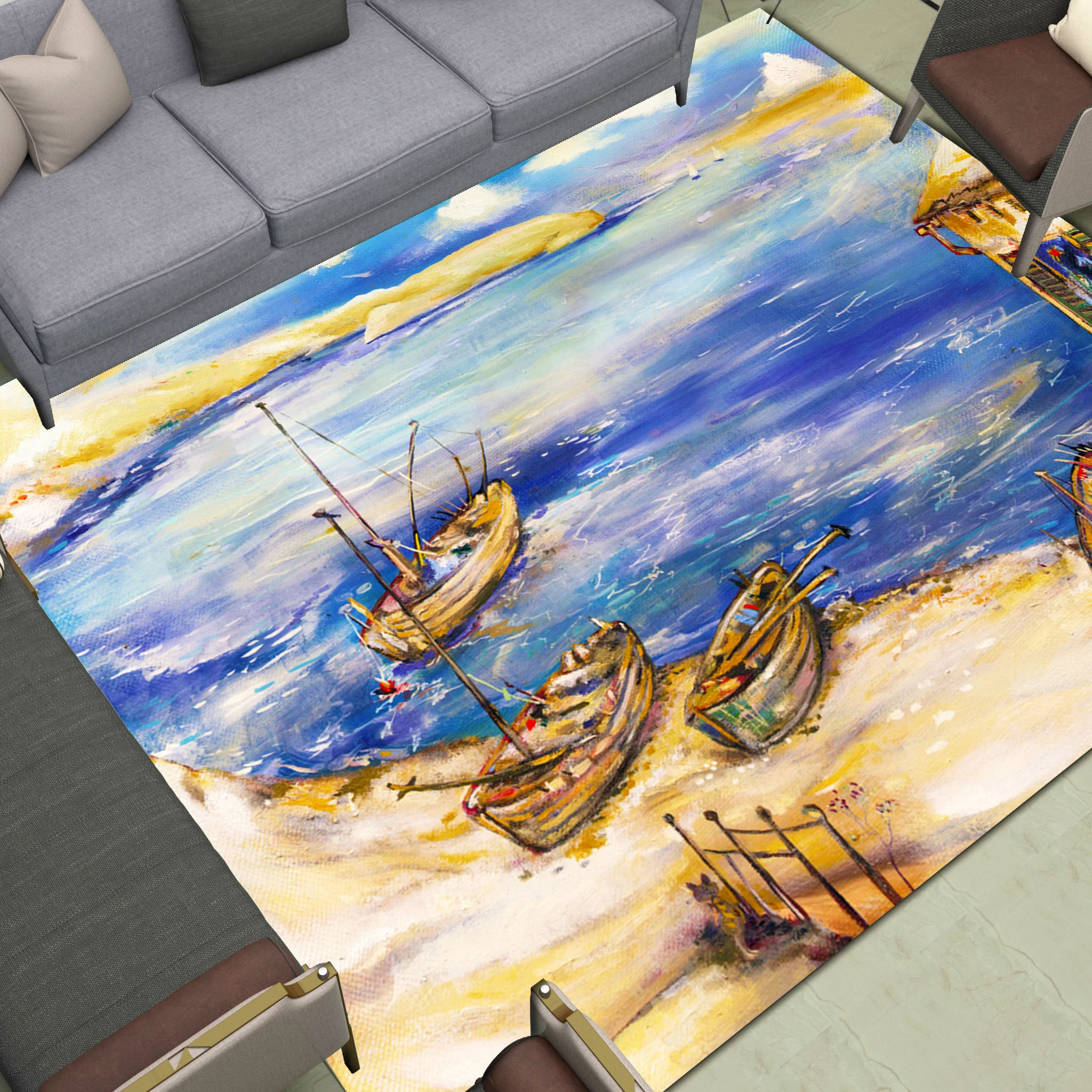 

Boats By The Sea Area Rugs Large Home Living Room Bedroom Bathroom Decor Carpets Oils Anti Slip Doormat Grid Figure Abstract Art