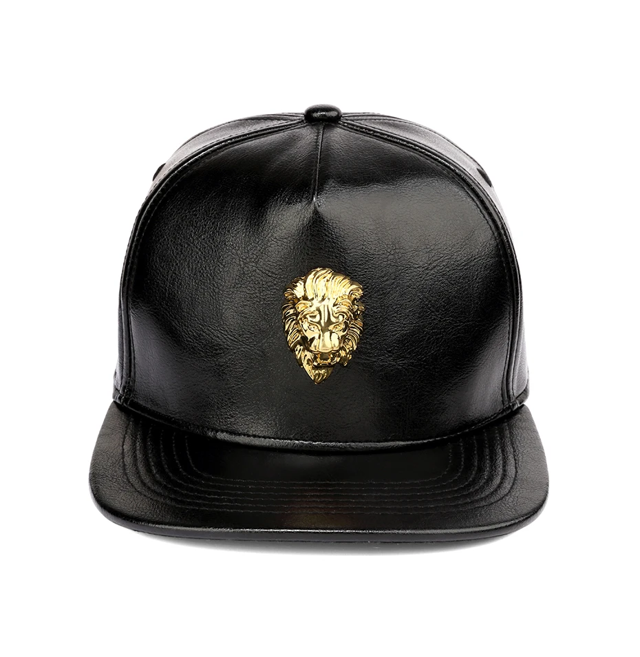 

Hip Hop Rap 5 Panel Metal Gold Lion Head Logo PU Leather Baseball Cap Black Unisex Belt Buckle Snapback Hats Men Cool