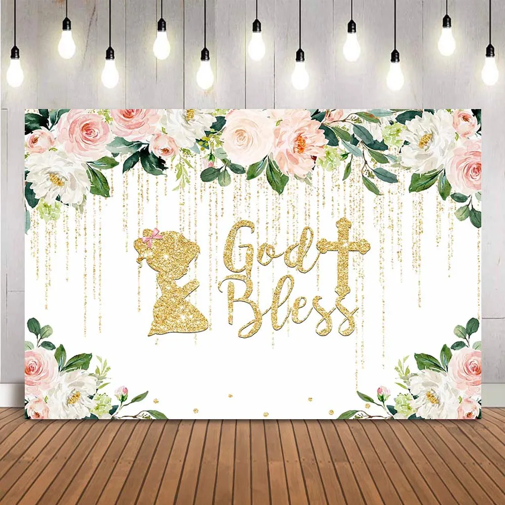 Baby Shower Floral baby backdrop god bless photo background baptism pink rose flower background for photo studio photocall