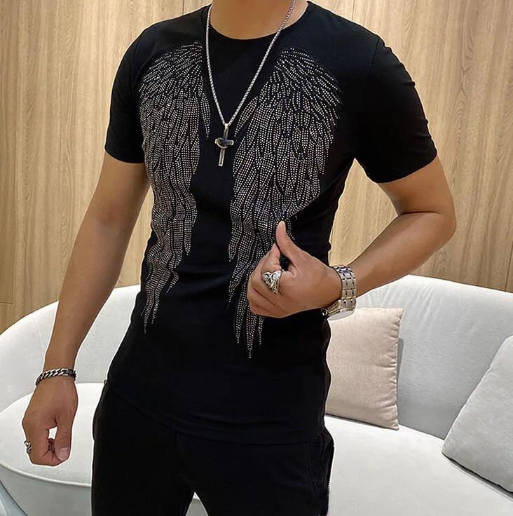 S-6XL Streetwear Hot Drill T Shirt Anime Short Sleeve Men\'s Rhinestone T-shirt Fashion Cotton