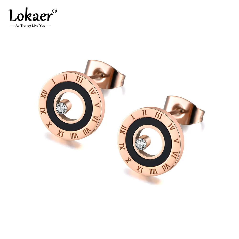 Lokaer Stainless Steel Black Acrylic Circle Roman Numeral Wedding Earrings For Women Rose Gold Plated CZ Crystl Earrings E19049