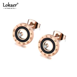 Lokaer-女性用のステンレス鋼ロマンデジタルウェディングイヤリング,黒のアクリルイヤリング,ピンクゴールドメッキ,czクリスタルイヤリング,e19049