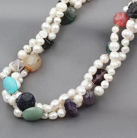 New Classic Multicolor Gemstone White Baroque Freshwater Pearl Necklace 3Rows Real Pearl Jewelry Handwork Charming Women Gift