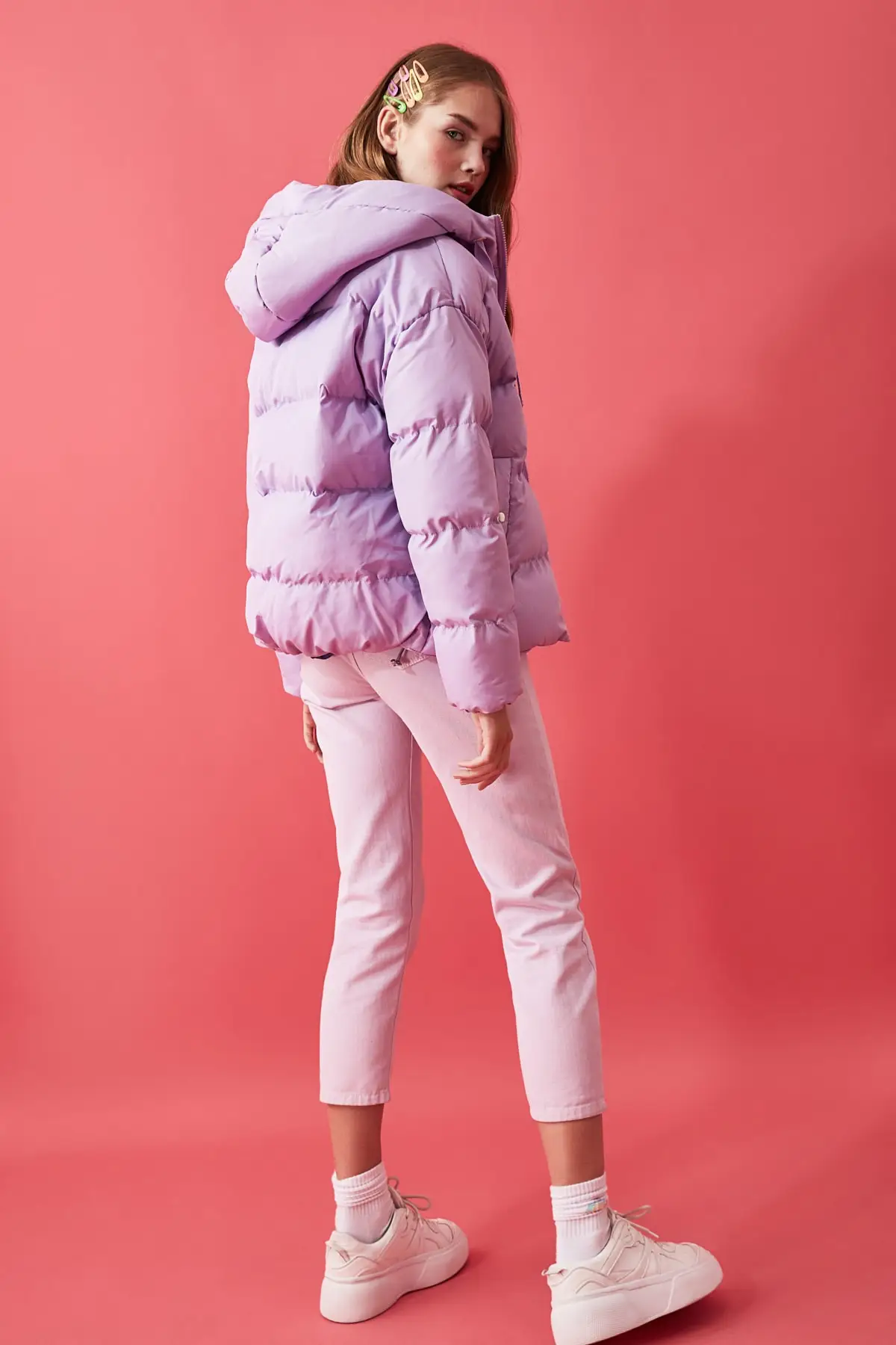 Women Lilac Hooded Inflatable Coat TWOAW21MO0022 Model Dimensions Length 1.77 Bust: 82, Waist: 59, Hip: 88