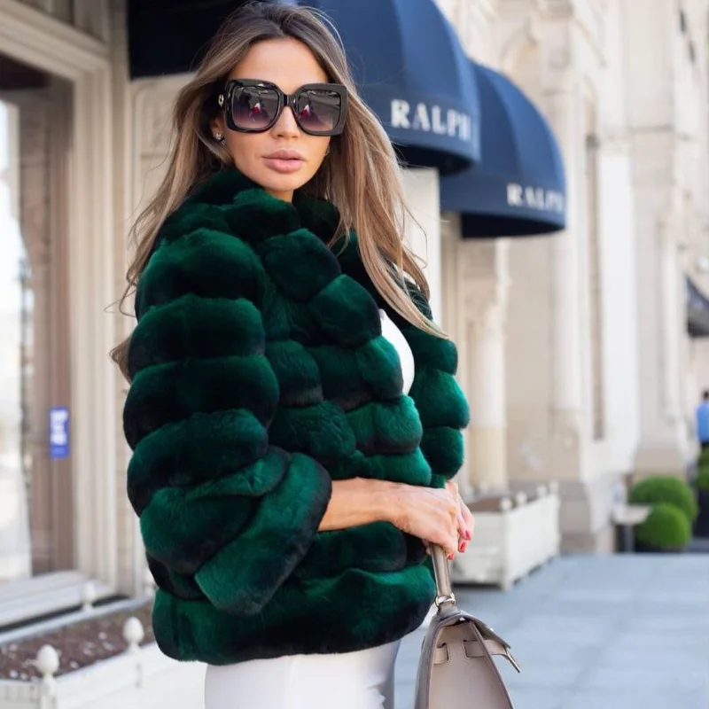 genuine green Rex rabbit fur jacket women spring fashion casual luxury short tops natural real chinchilla fur coat female