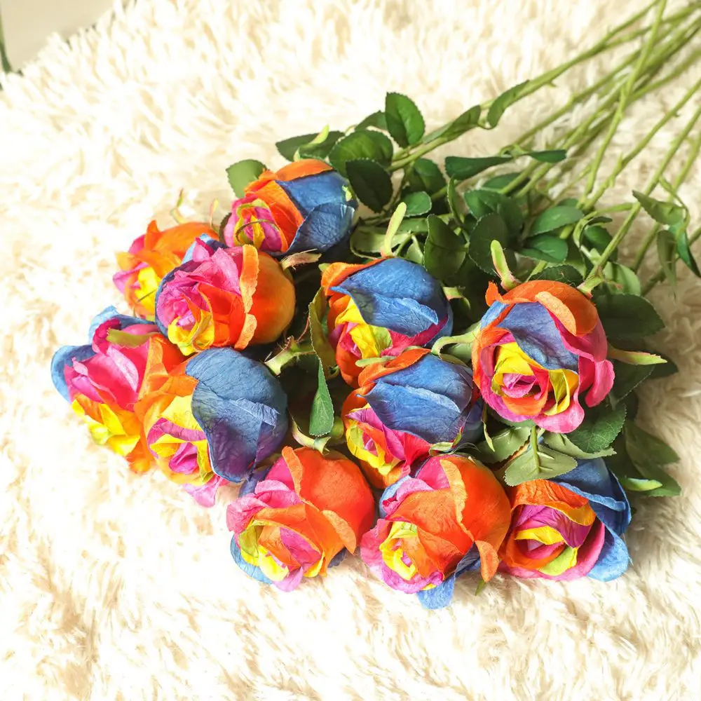 Real Touch Feeling Fabric Roses Rainbow Rose Petals DIY Wedding Center Flowers Special Colourful Rose Decoration Mariage