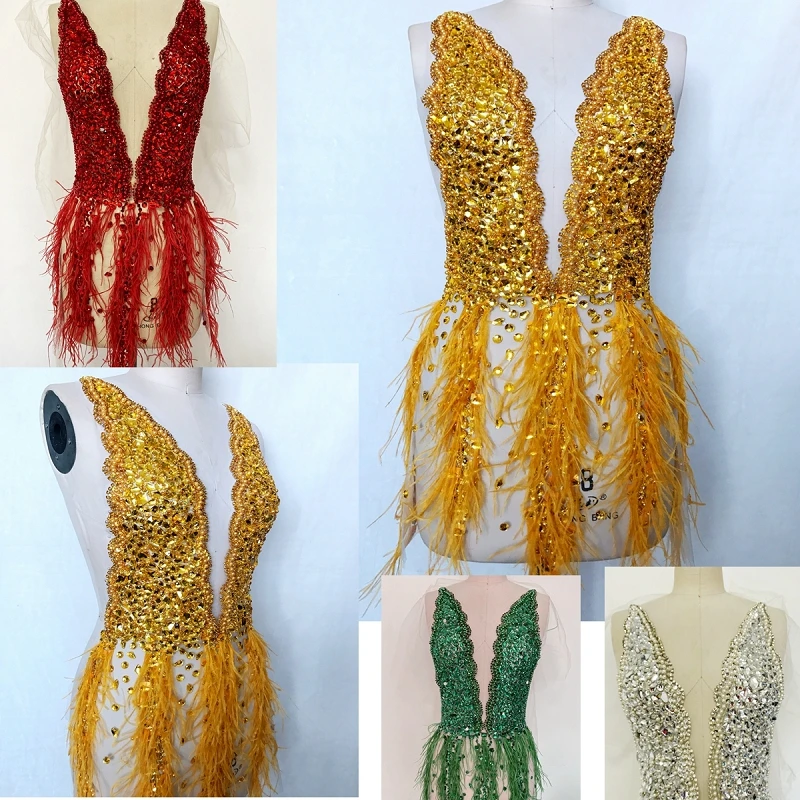 

1Piece Popular Feather Red Yellow Pearls Beads Rhinestone Bodice Applique for Wedding Dress