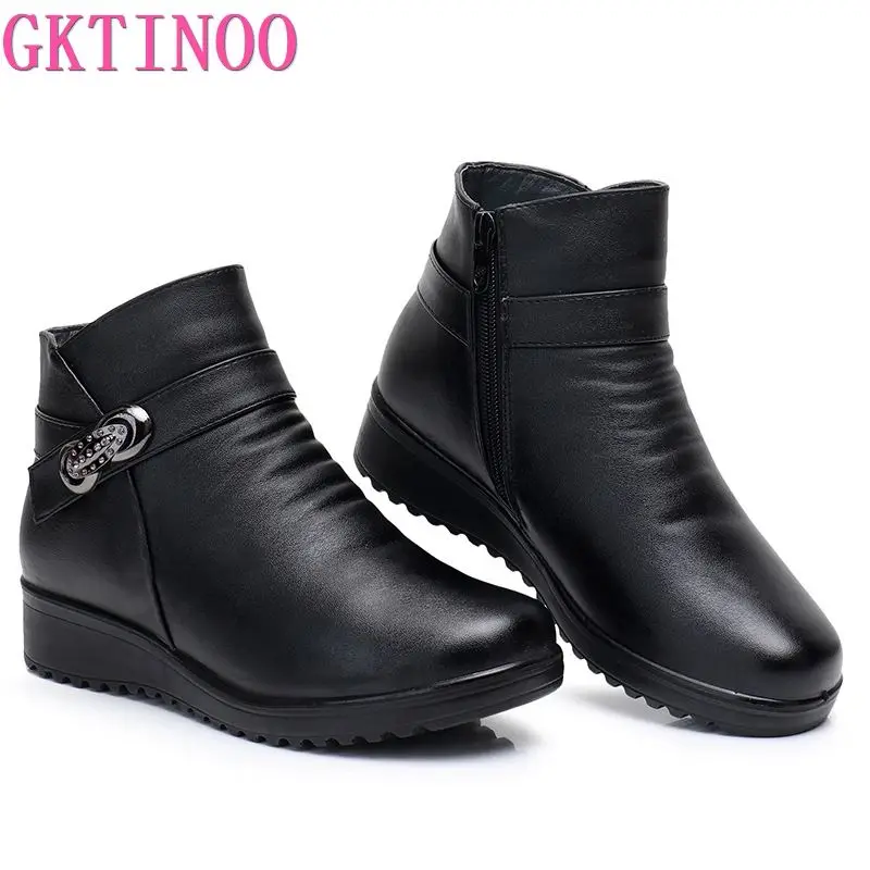 GKTINOO Fashion Winter Female Shoes Women\'s Leather Ankle Flat Boots Comfortable Thick Plush Warm Snow Boots Mother Booties