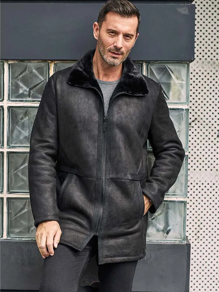 

Denny&Dora Men's Shearling Jacket Long Lapel Black, Winter Thermal Windproof Leather Coat