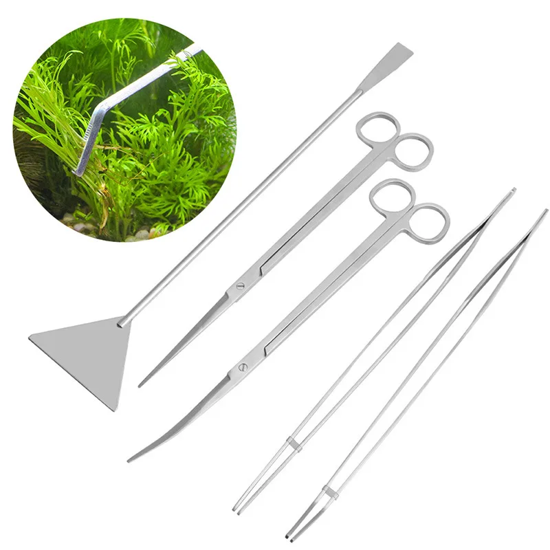 5Pcs/Set Aquarium Stainless Steel Scissor Tweezer Algae Clean Sand Scrape Maintenance Tool Water Plant Tank Aquarium Accessories