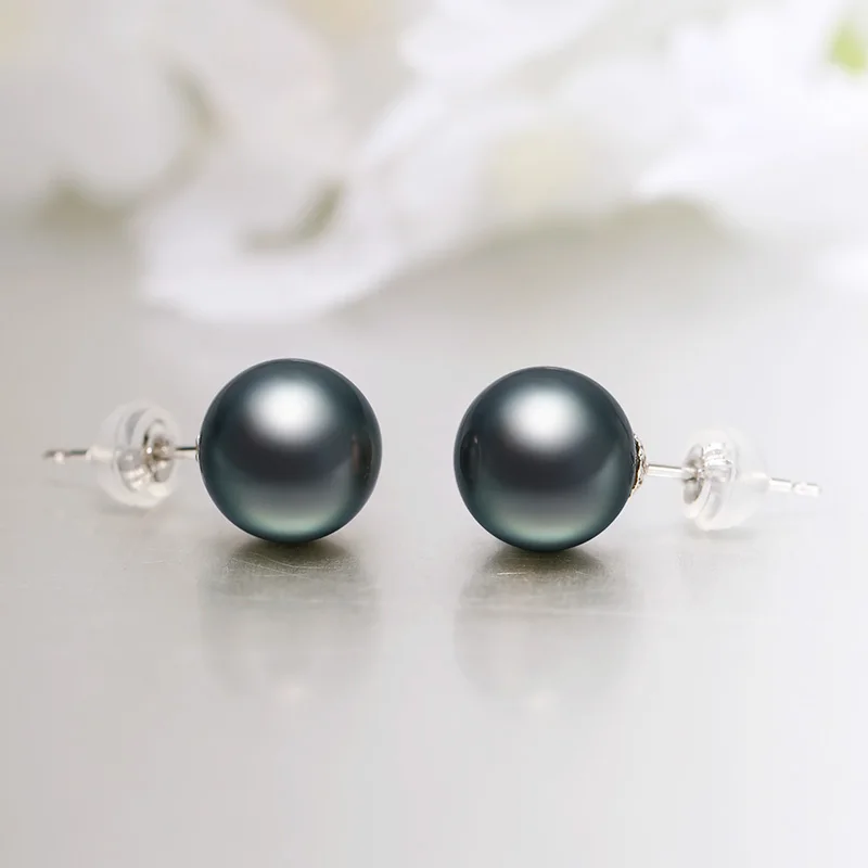 Pair of 12-13mm natural south sea genuine round black blue pearl earring AAA