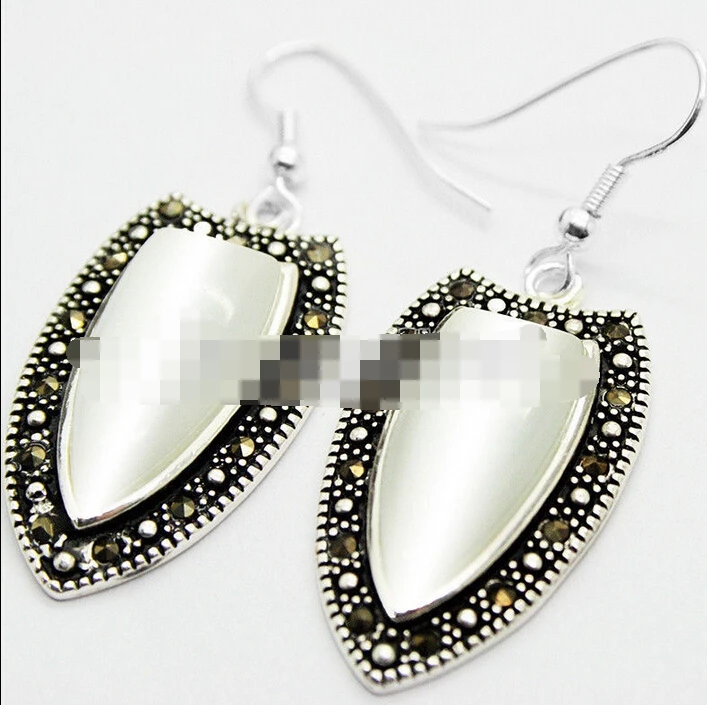 

wb003 WHITE OPAL SILVER DANGLE SS EARRINGS W.HEMATITE