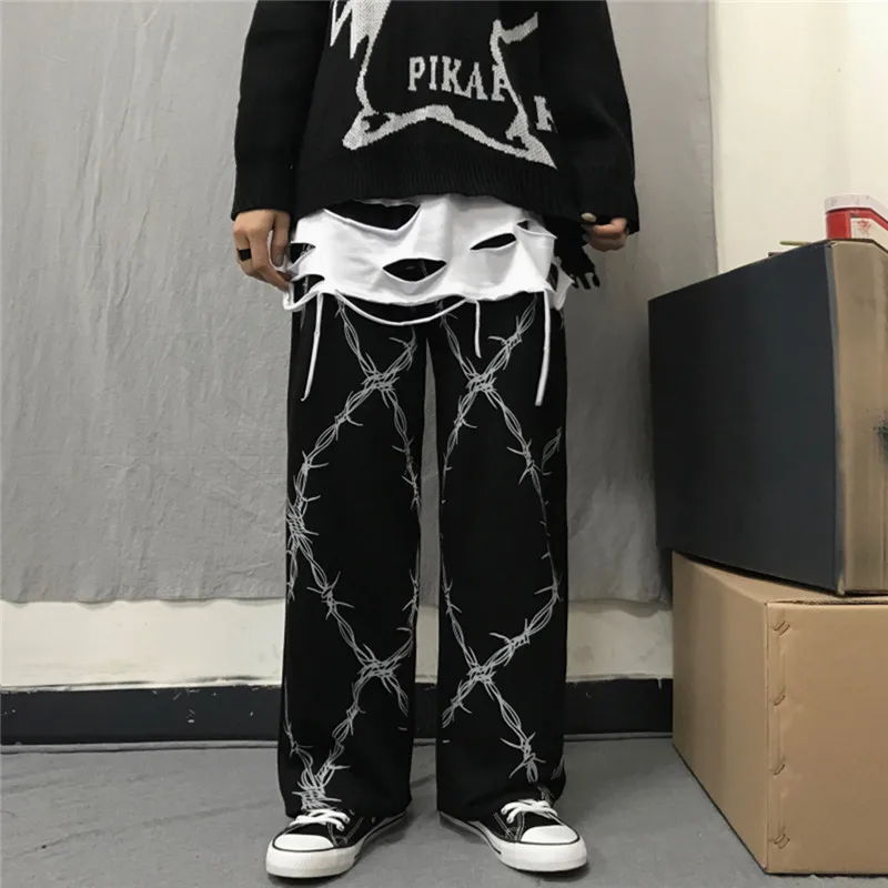 Harajuku Retro Pants Women Thorns Printed Elastic Waist Loose Wide Leg Pants Fashion Streetwear Grunge Dark Casual Pants Unisex