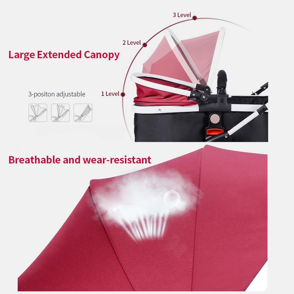 Carrinho de bebê dobrável do curso do carrinho de bebê da vista alta com multi-positon seat estendido dossel carrinho de bebê recém-nascido vermelho