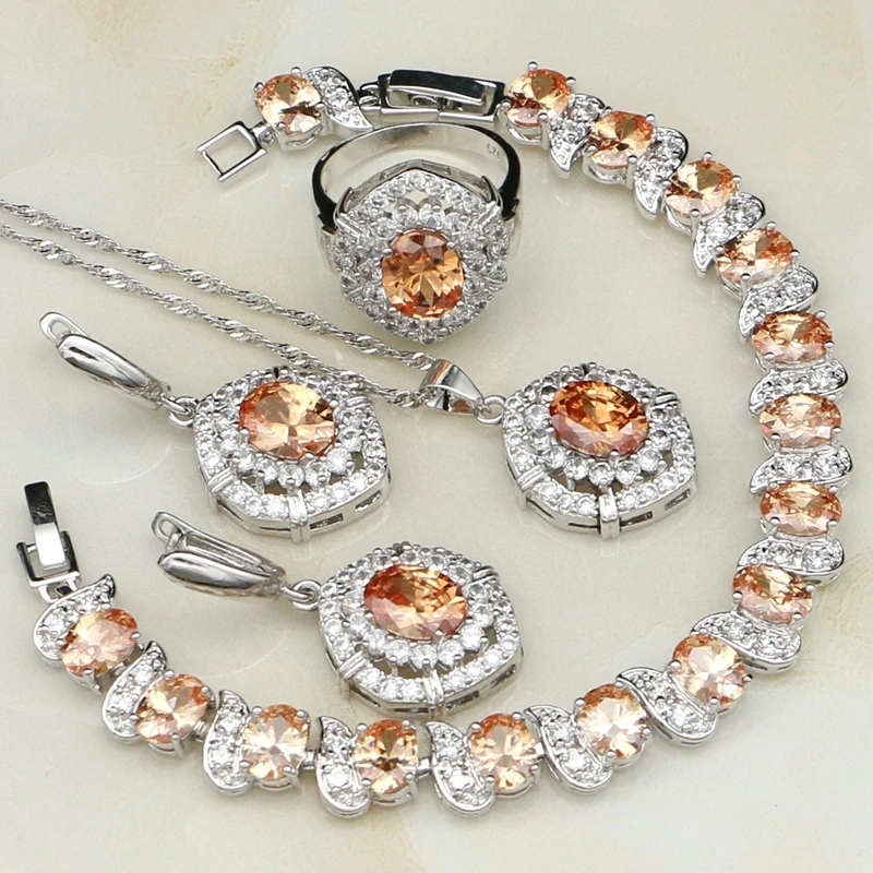 Trendy Orange White Cubic Zirconia 925 Silver Jewelry Sets For Women Wedding Earring/Pendant/Necklace/Bracelet/Ring 4PCS