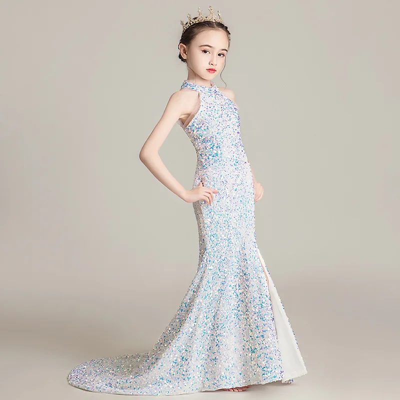 Sequined Girl Dresses Partywear Sleeveless Side Slit Teen Communion Dresses Elegant Flower Girl Dresses For Weddings Birthday