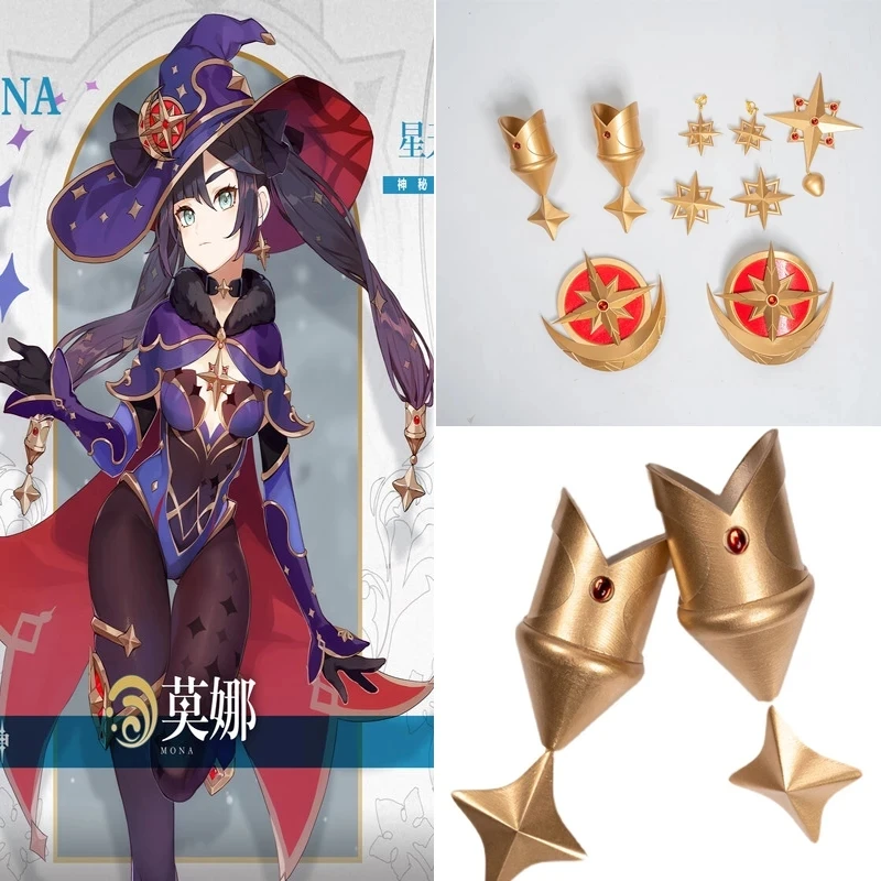 

Genshin Impact Mona Cosplay Costume Accessories Hair Accessories Earrings Armour Badge Props