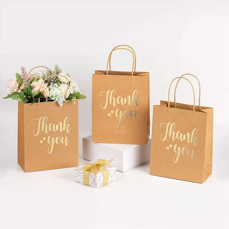 6 Pcs Medium Size Gift Bags - Gold Foil Thank You Brown Paper Bags With Handles For Wedding Birthday Baby