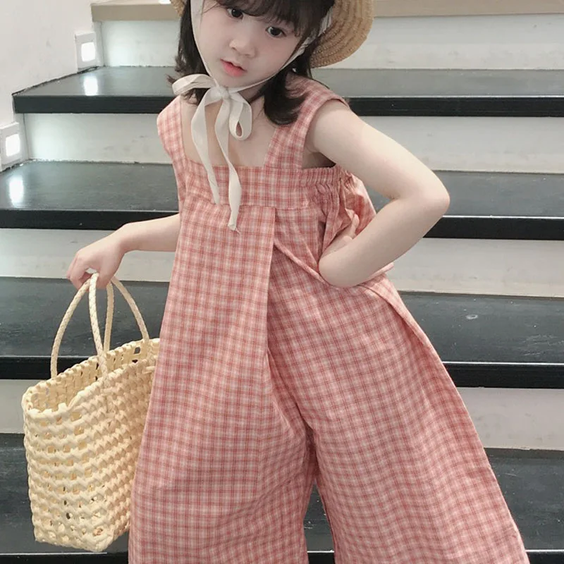 Girls\' Summer Rompers Plaid Sling Korean Jumpsuit 2022 Fashion New Wide Leg Pants Baby Kids Clothes Children\'S Clothing