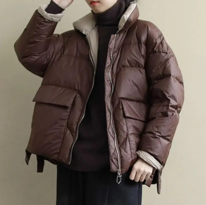 2021 New Autumn Winter Oversize Duck Down Coat Women Thick Short Casual Fashion Pockets Puffer Jacket Parkas q435