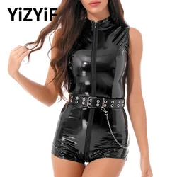 Women Clubwear Sexy Bodysuit Wetlook Patent Leather High Collar Sleeveless Double Zipper Leotard Bodysuit Nightw with Belt Chain